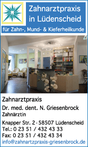 Banner der Zahnarztpraxis Dr. Griesenbrock in Lüdenscheid zeigt Kontaktdaten, Leistungen und ästhetischen Zahnersatz für Patienten.