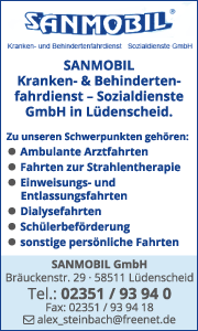 Banner der Sanmobil GmbH in Lüdenscheid mit Kontaktdaten sowie Informationen zu Krankenfahrten, Behindertenfahrdienst und barrierefreiem Fahrservice.