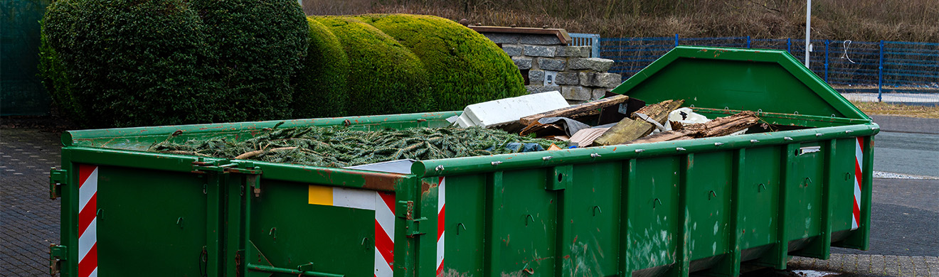 Grüner Container mit Bauschutt in städtischer Umgebung, umgeben von Pflanzen und Gebäuden, ideal für Entsorgungsarbeiten.