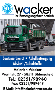 Banner von Wacker e.K. in Lüdenscheid mit Leistungsinfos zu Containern, Entsorgung und Recycling für private und gewerbliche Kunden. 