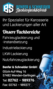 Benfer & Schneider GmbH in Wenden-Gerlingen mit Kontaktdaten und Informationen zu Fahrzeug-, Industrie-, LKW- und Nutzfahrzeuglackierung.