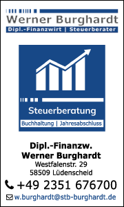 Banner mit Kontaktdaten und Leistungsübersicht von Steuerberater Werner Burghardt in Lüdenscheid für Unternehmen und Privatpersonen