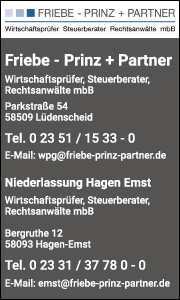 Banner mit Kontaktdaten und Leistungsinfos von Friebe - Prinz + Partner, spezialisiert auf Lohnabrechnung in Lüdenscheid.