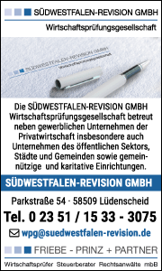 Banner von Südwestfalen-Revision GmbH mit Kontaktdaten und Überblick über Leistungen wie Wirtschaftsprüfung, Steuerberatung und Finanzoptimierung.